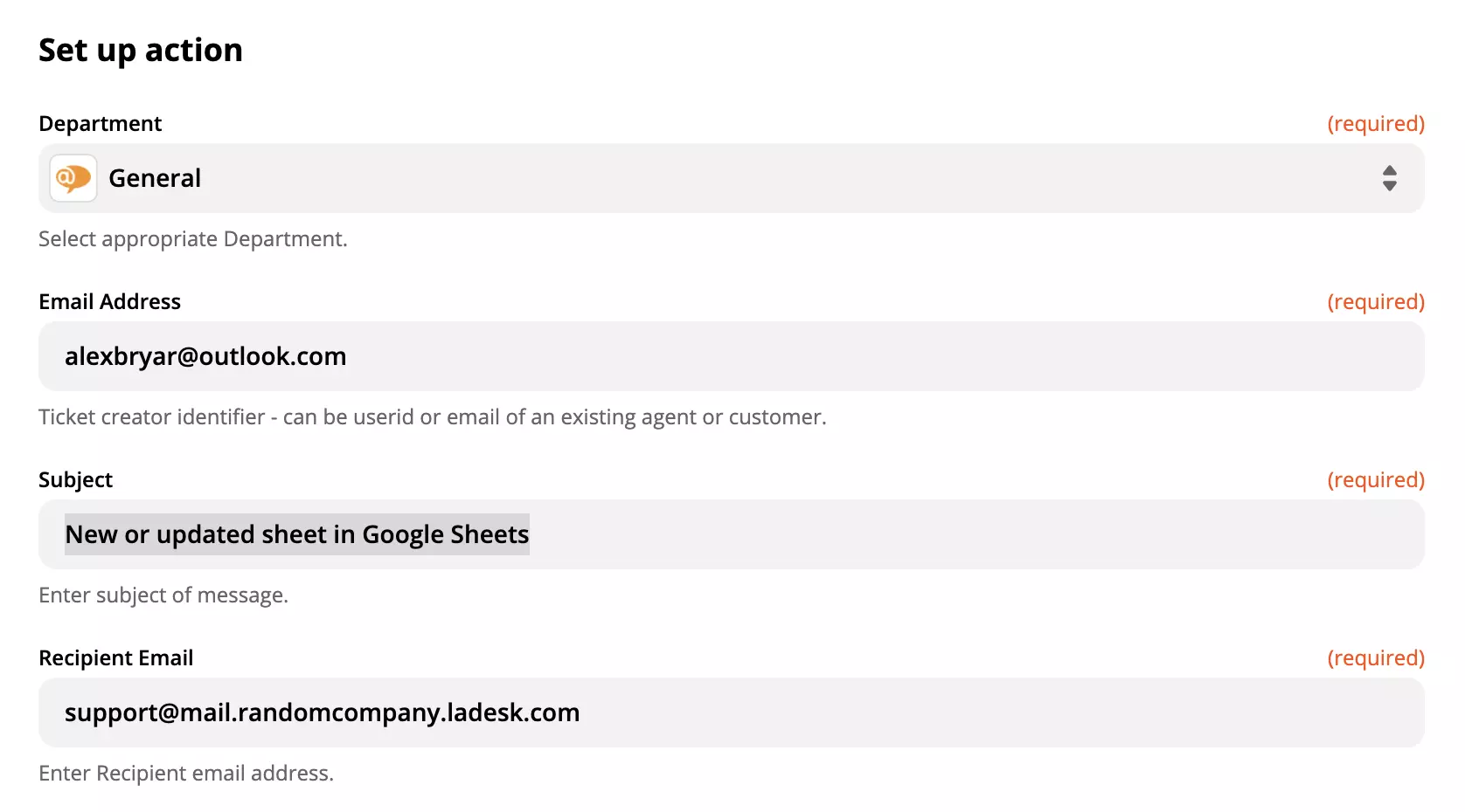 Thiết lập hành động LiveAgent trong tích hợp Google Sheets