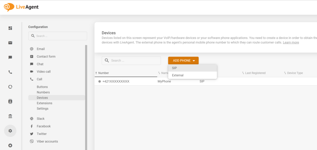Cách thêm điện thoại SIP mới trong cấu hình LiveAgent