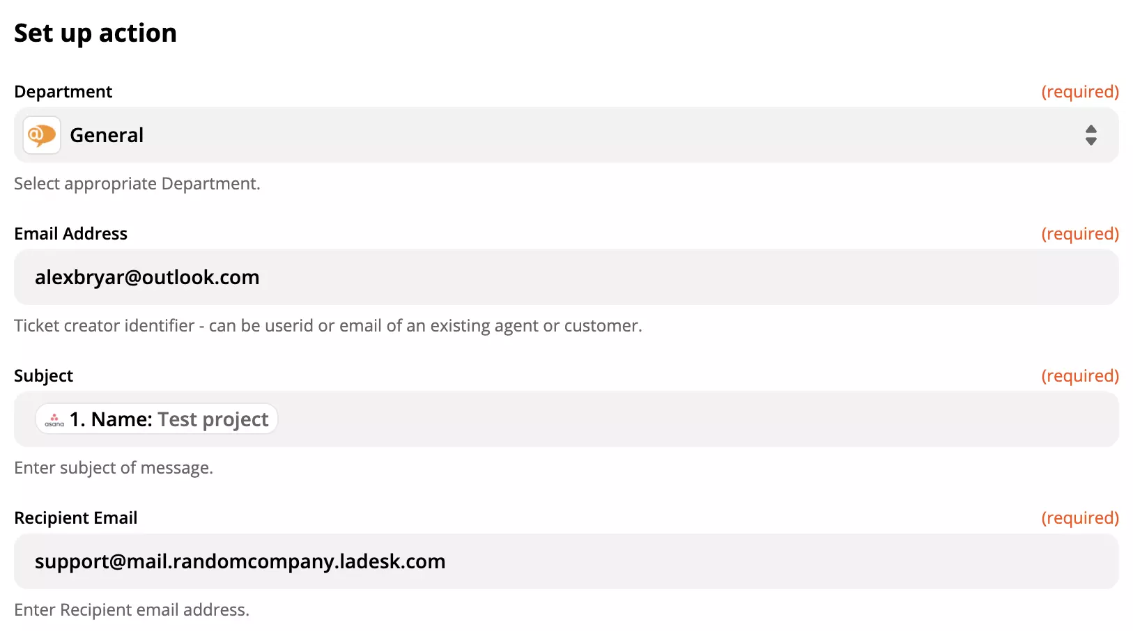 Thiết lập hành động LiveAgent trong tích hợp Asana trên Zapier