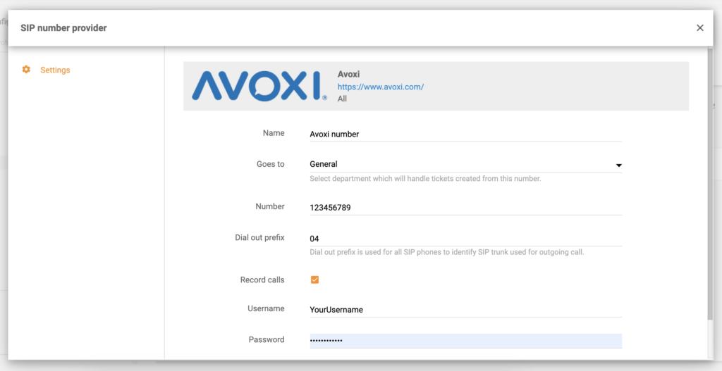 Avoxi configuration in LiveAgent configuration