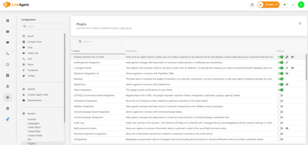 Plugin thông tin bên ngoài hoạt động trong cấu hình LiveAgent