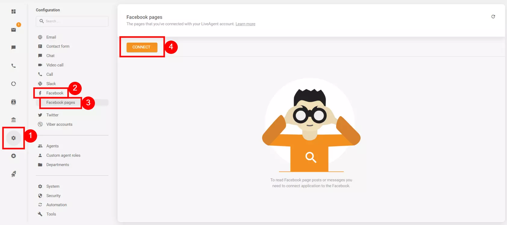 Cài đặt cấu hình để kết nối tài khoản Facebook của bạn với LiveAgent