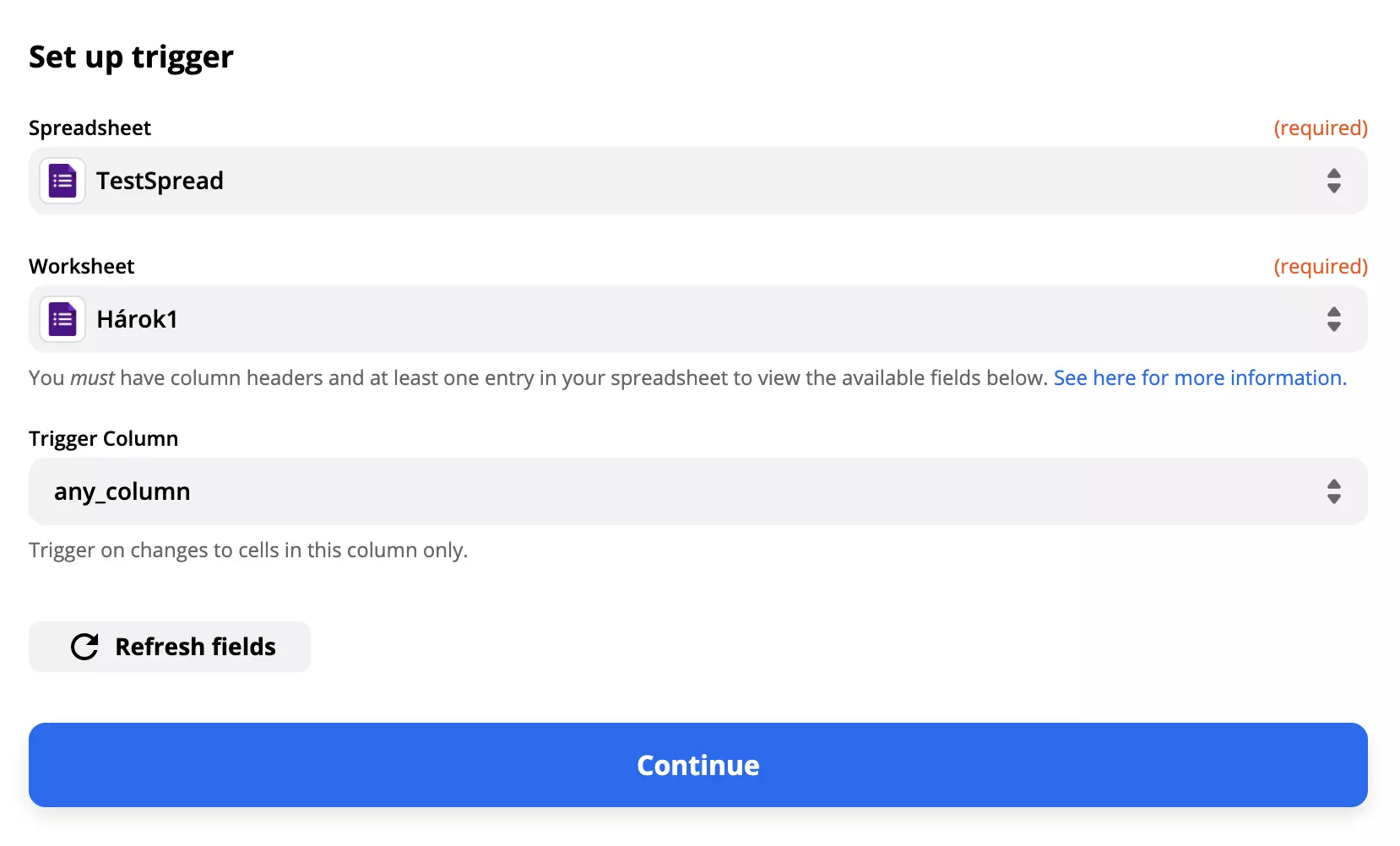 Ví dụ thiết lập trigger Google Forms với các trường được điền
