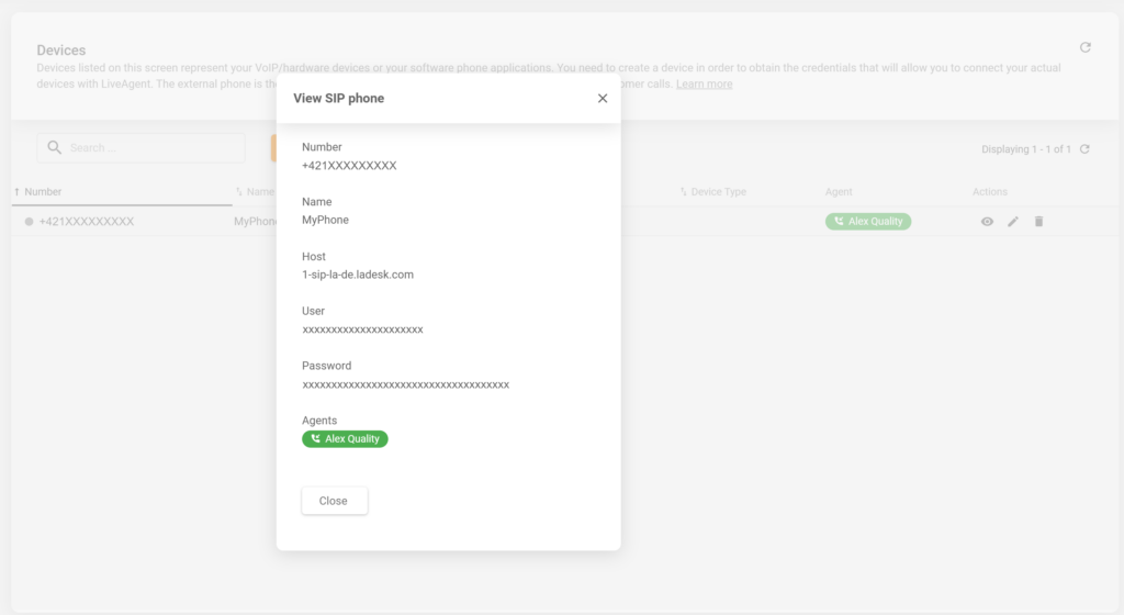 Chi tiết của điện thoại SIP mới được tạo trong cấu hình LiveAgent