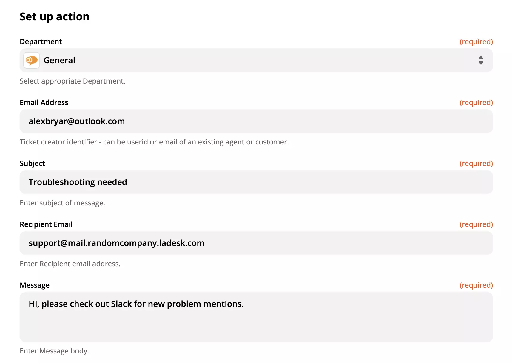 Cấu hình hành động LiveAgent được điền đầy đủ