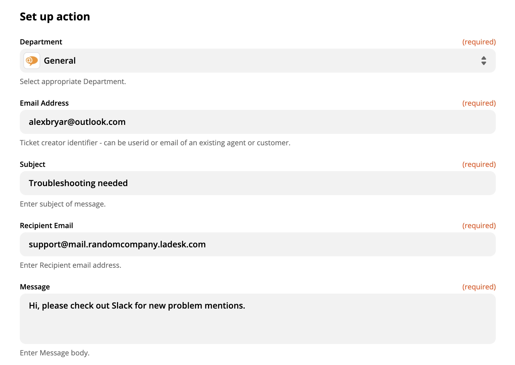 Trình bày thiết lập hành động LiveAgent trên Zapier
