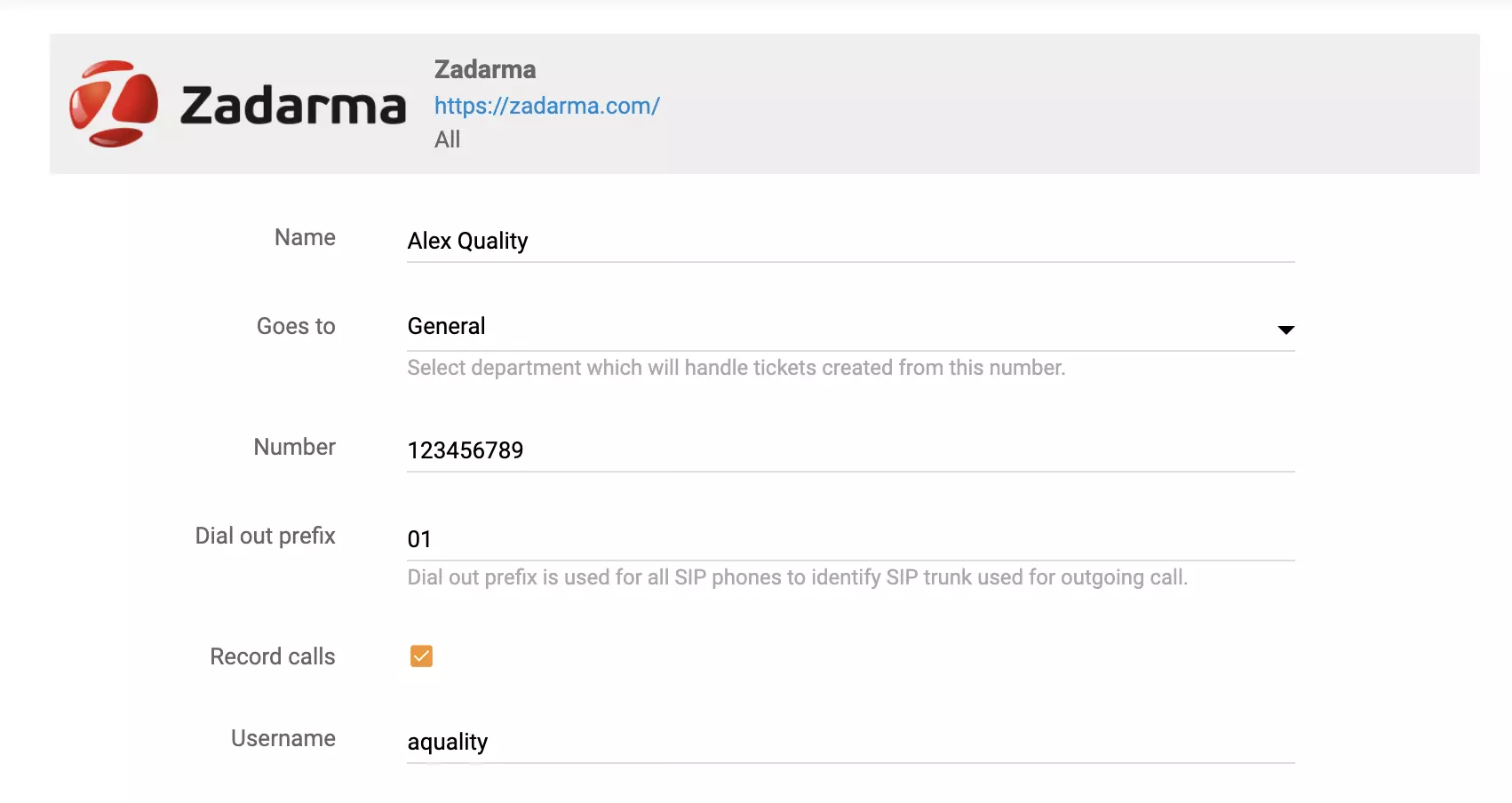 Tùy chọn thiết lập cuộc gọi Zadarma trong LiveAgent
