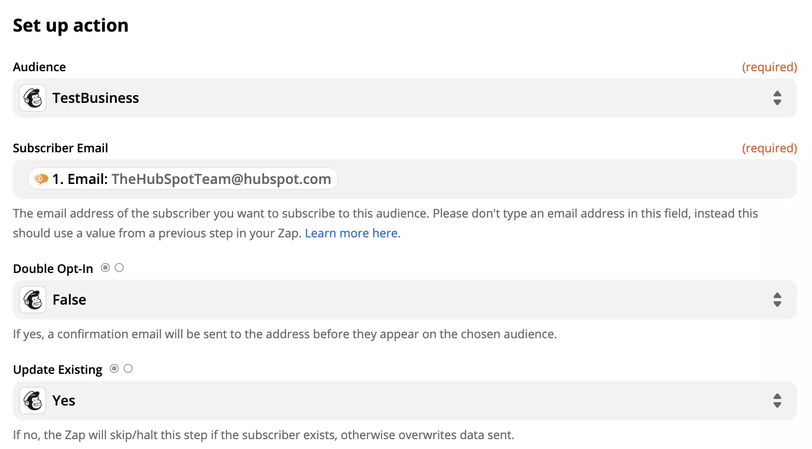 Thiết lập action Mailchimp