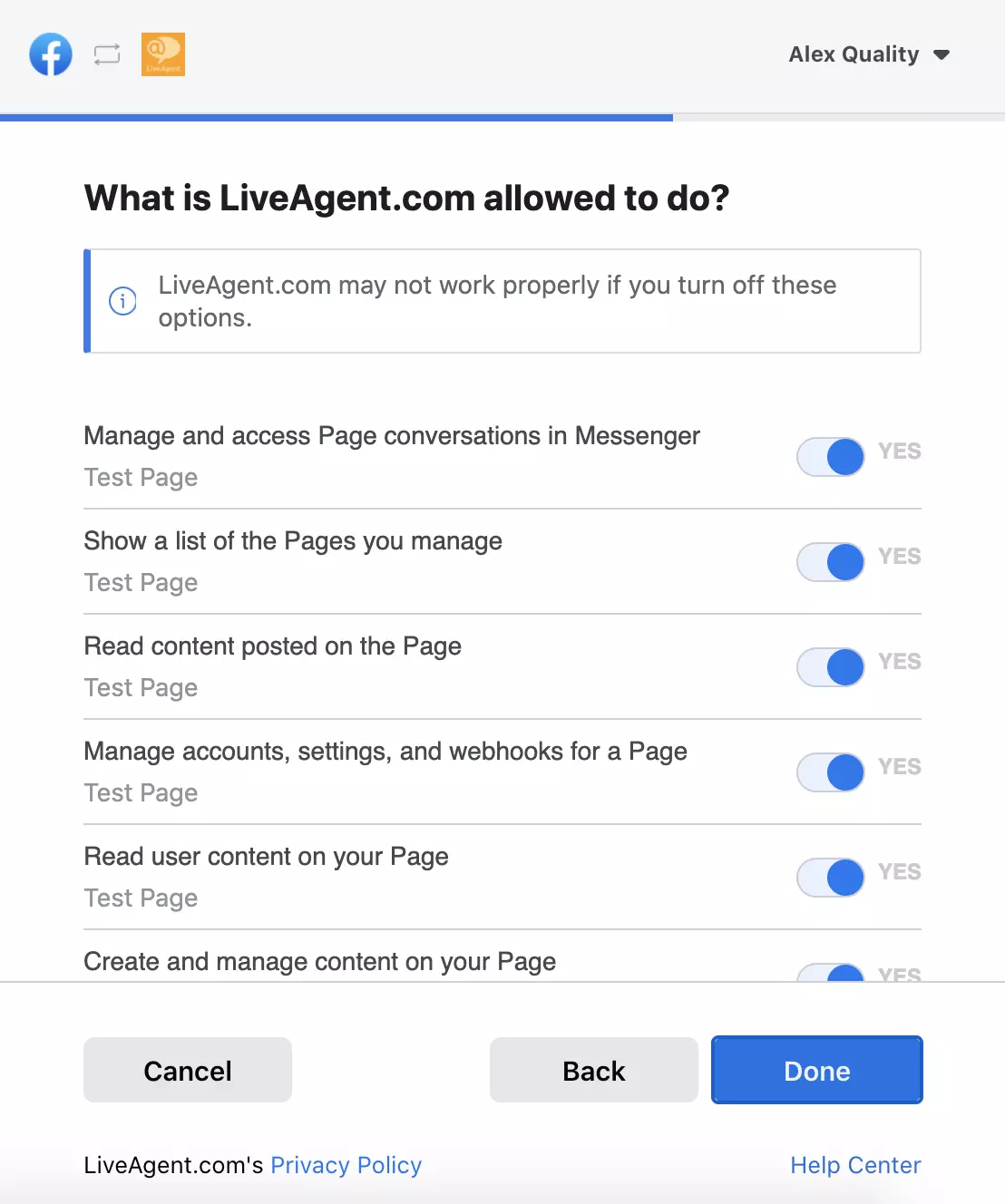 Danh sách các quyền cho thấy dữ liệu nào có thể được truy cập bởi LiveAgent