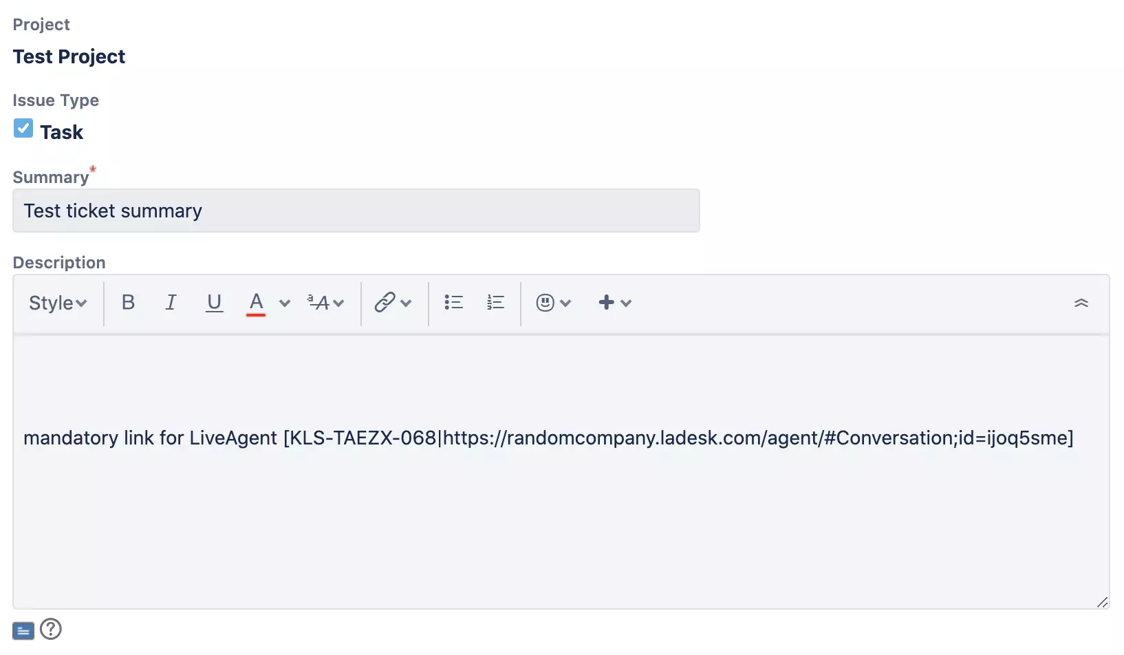 Cửa sổ tạo mới và mô tả issue Jira