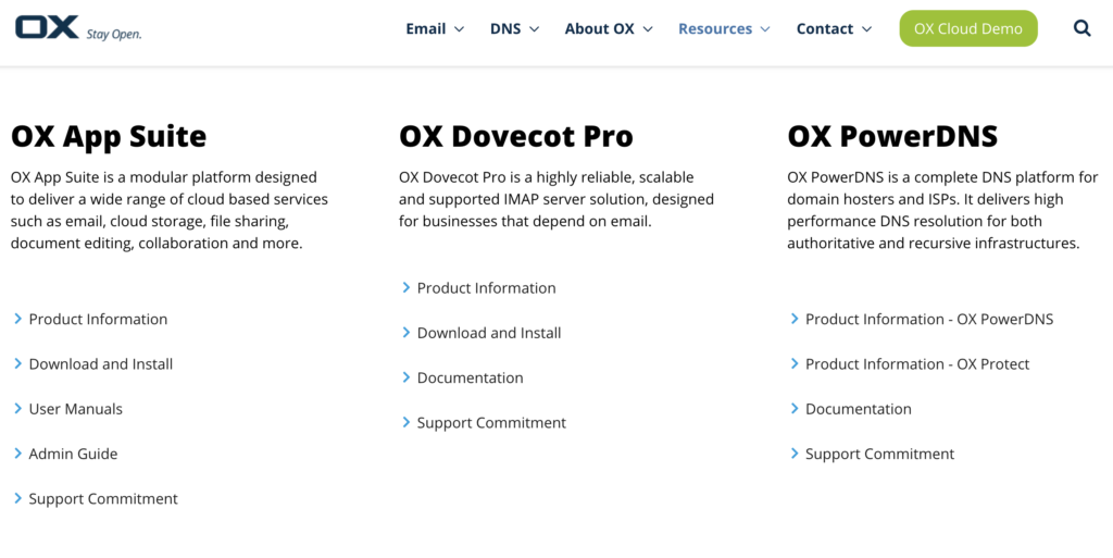 Trang web Open-Xchange với các tùy chọn tải xuống và hướng dẫn