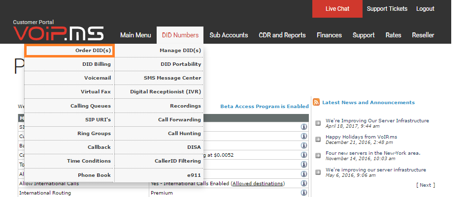 DID numbers section in VoIP.ms