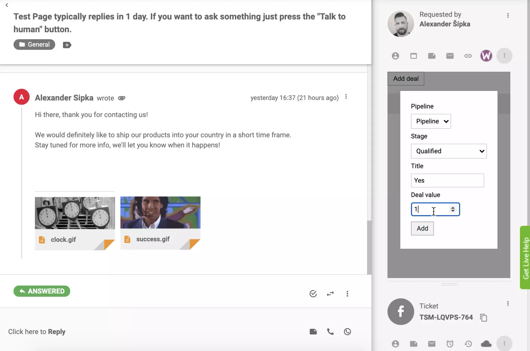 Thêm thỏa thuận với tích hợp PipeDrive CRM trong chế độ xem vé LiveAgent