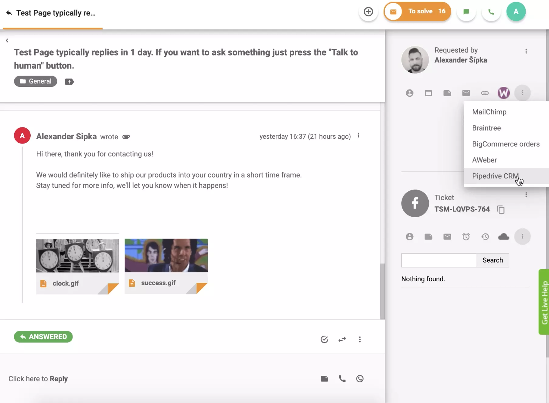 PipeDrive CRM đang hoạt động trong chế độ xem vé LiveAgent