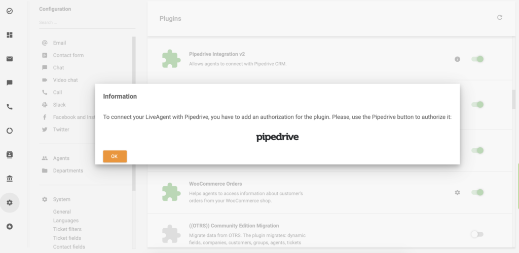 Nhấp vào biểu tượng PipeDrive để tiếp tục với tích hợp PipeDrive cho LiveAgent