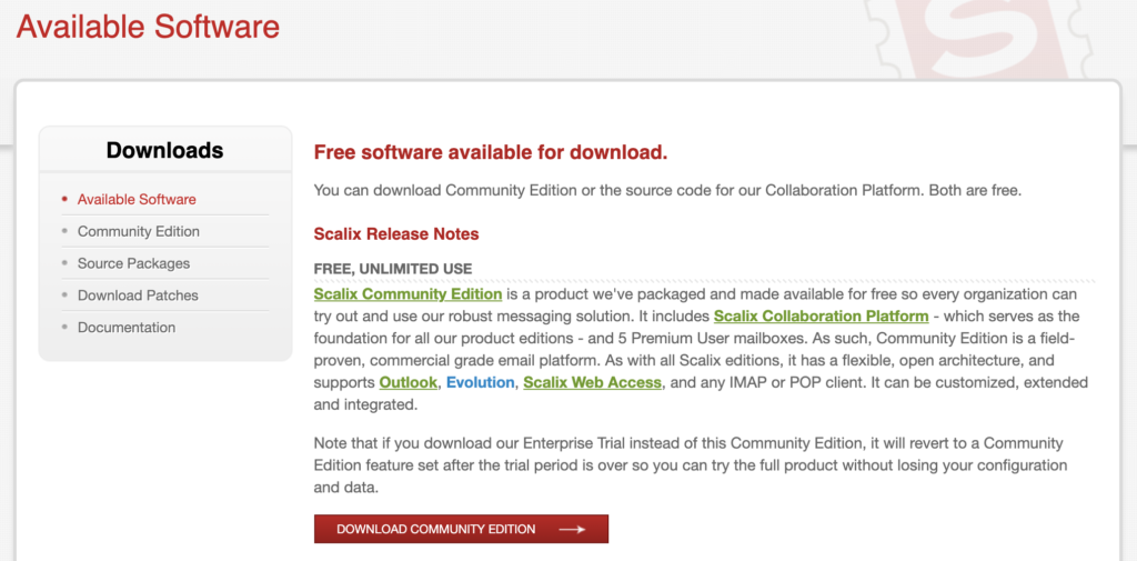 Trang web Scalix với các bản tải xuống và thông tin phiên bản có sẵn