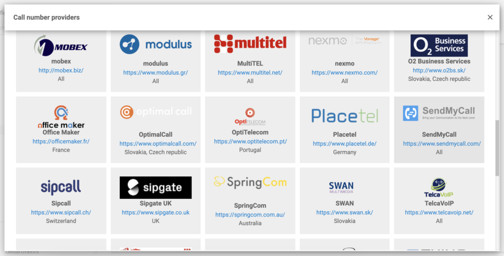 SendMyCall trong danh sách các nhà cung cấp VoIP trong cấu hình LiveAgent