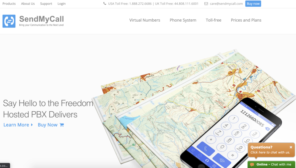 Trang chủ SendMyCall với nút Mua ngay ở góc trên cùng bên phải