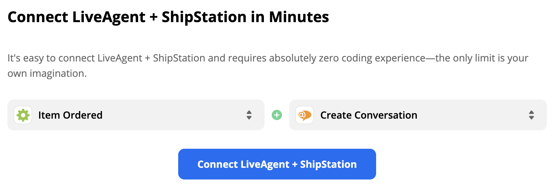 Trigger ShipStation Item Ordered và action LiveAgent Create Conversation trong lựa chọn tích hợp Zapier