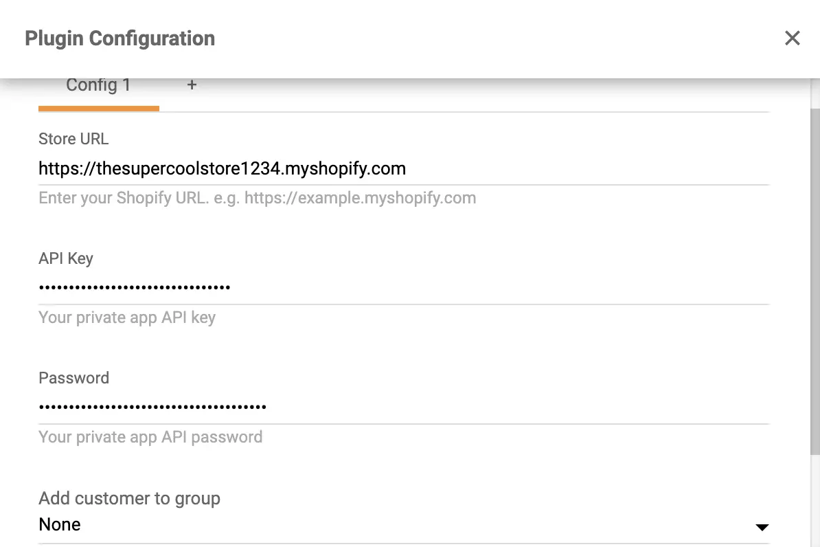 Sao chép và dán khóa API và mật khẩu vào cấu hình plugin Shopify trong LiveAgent