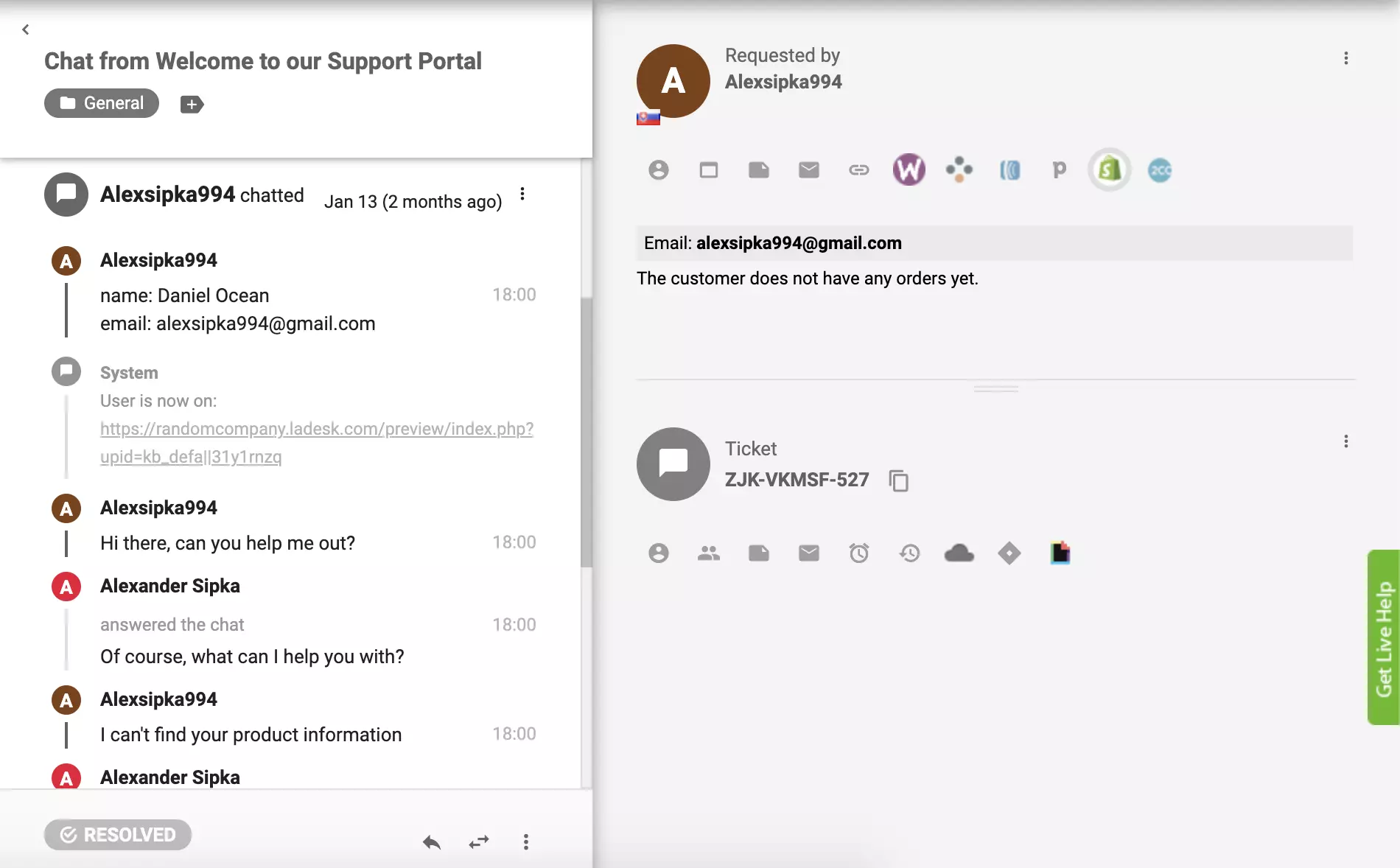 Plugin Shopify đang hoạt động trong LiveAgent và các đơn hàng của khách hàng có thể nhìn thấy từ chế độ xem vé
