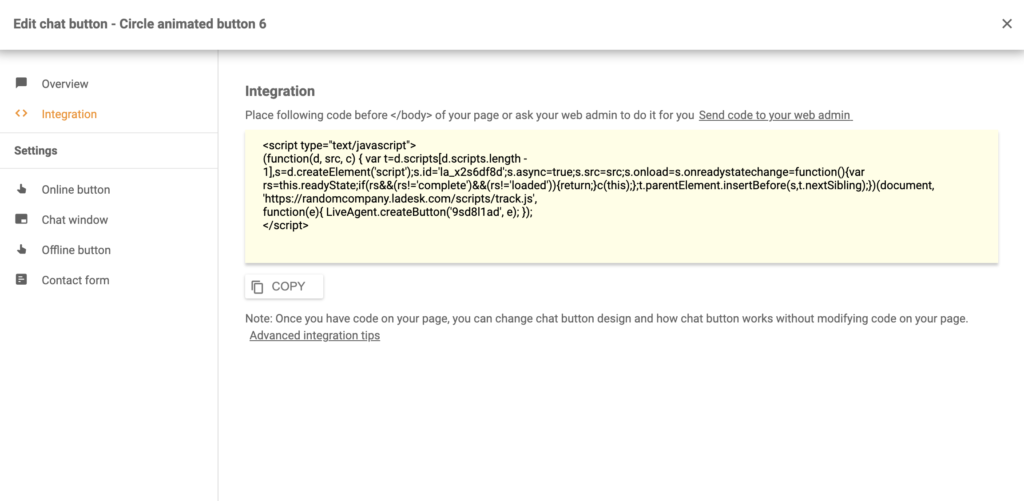Mã tích hợp nút trò chuyện Silverstripe trong LiveAgent