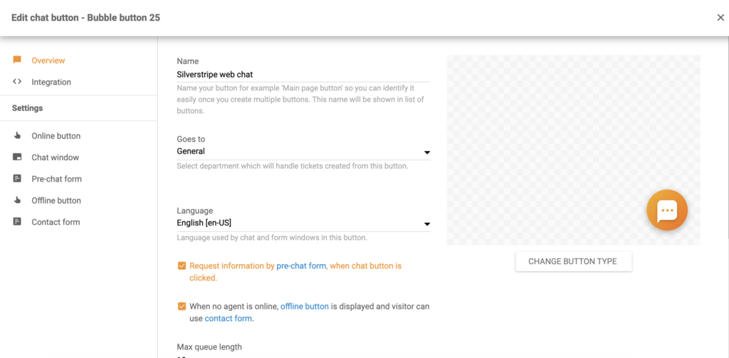 Cấu hình nút trò chuyện Silverstripe trong LiveAgent