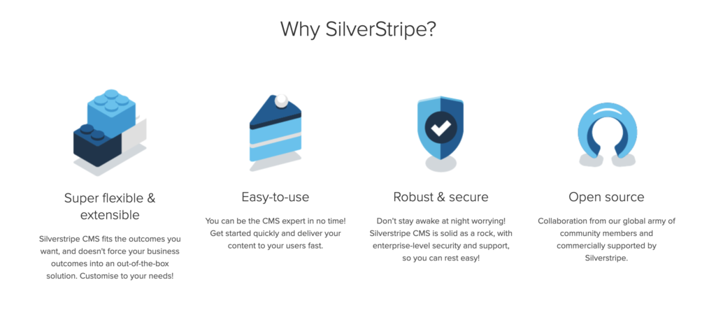 Trang chủ Silverstripe với các tính năng được liệt kê