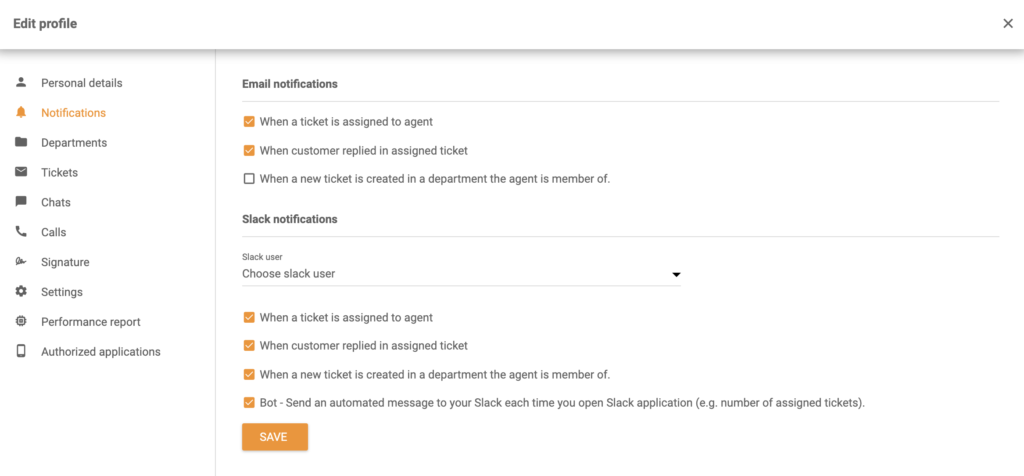 Các tùy chọn thông báo Slack trong phần Chỉnh sửa hồ sơ
