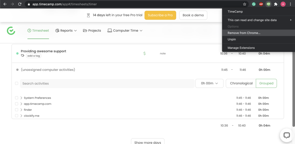 Các tùy chọn plugin Timecamp trong Google Chrome