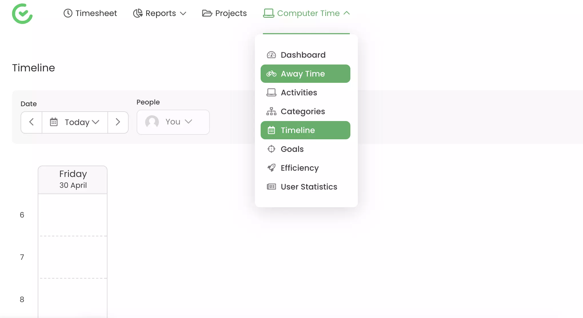 Các khả năng theo dõi như thời gian xa và dòng thời gian hiển thị trong TimeCamp