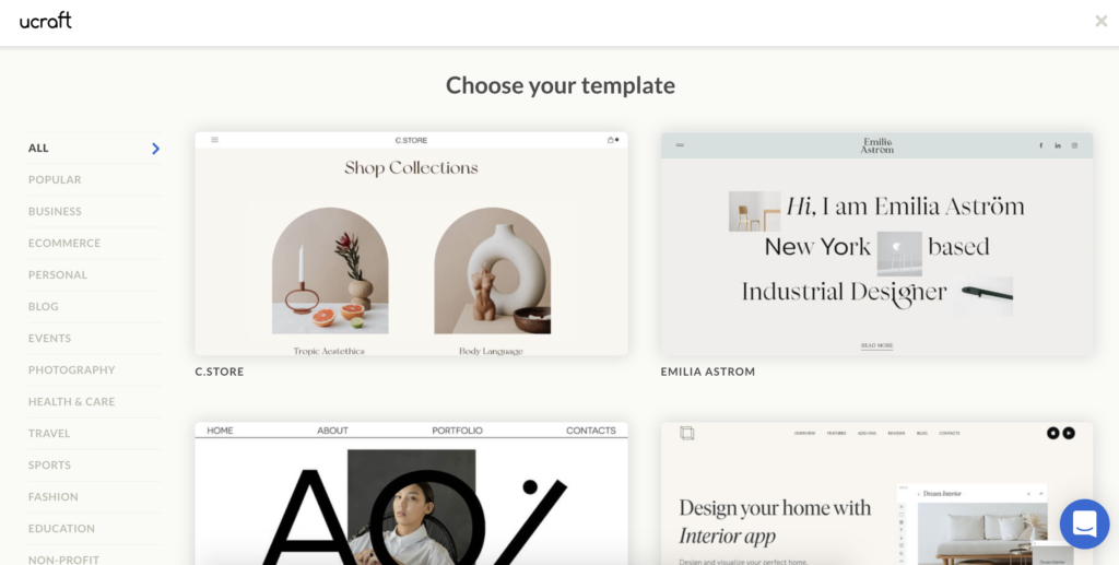 Màn hình lựa chọn mẫu Ucraft với nhiều tùy chọn mẫu