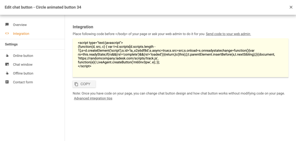 Mã nút trò chuyện sau khi cấu hình thành công trong LiveAgent