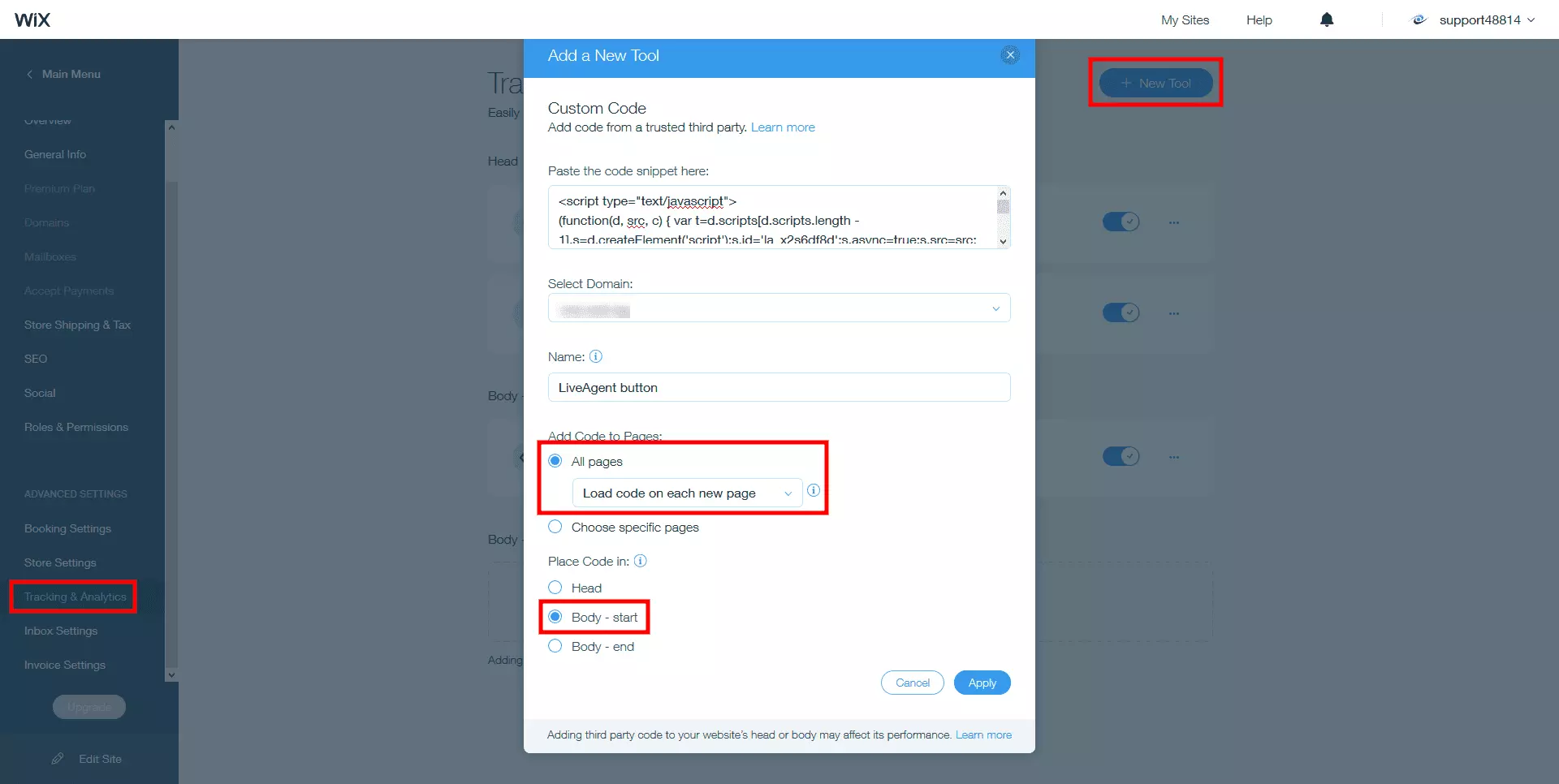 Đặt mã trò chuyện trực tiếp LiveAgent trong phần thân trang web Wix