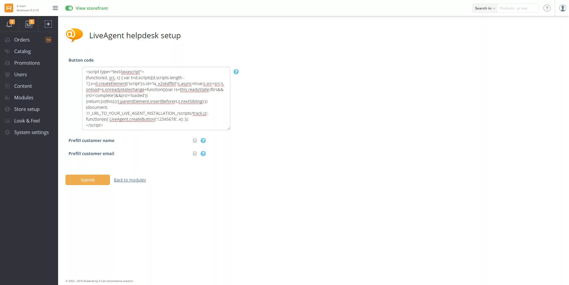 Cấu hình mã tích hợp X-Cart LiveAgent