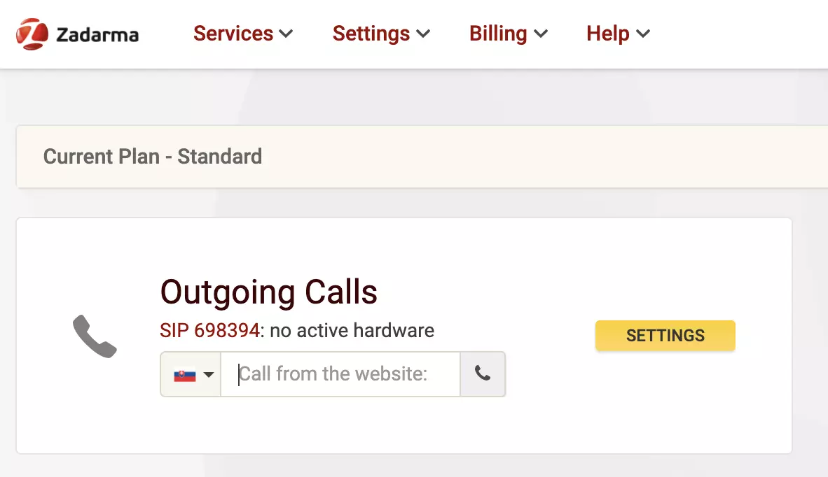 Trang web nhà cung cấp VoIP Zadarma với tùy chọn cuộc gọi