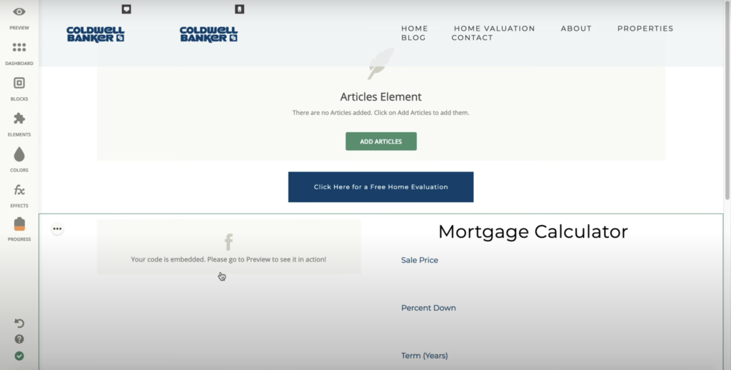 Trình tạo trang web Zentap với nhiều tùy chọn trong bảng điều khiển bên trái