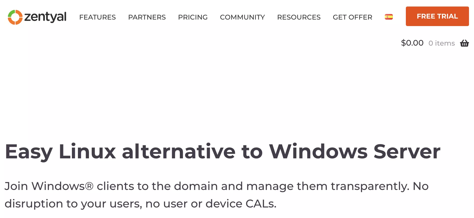Trang chủ Zentyal với các trang phụ và thông tin