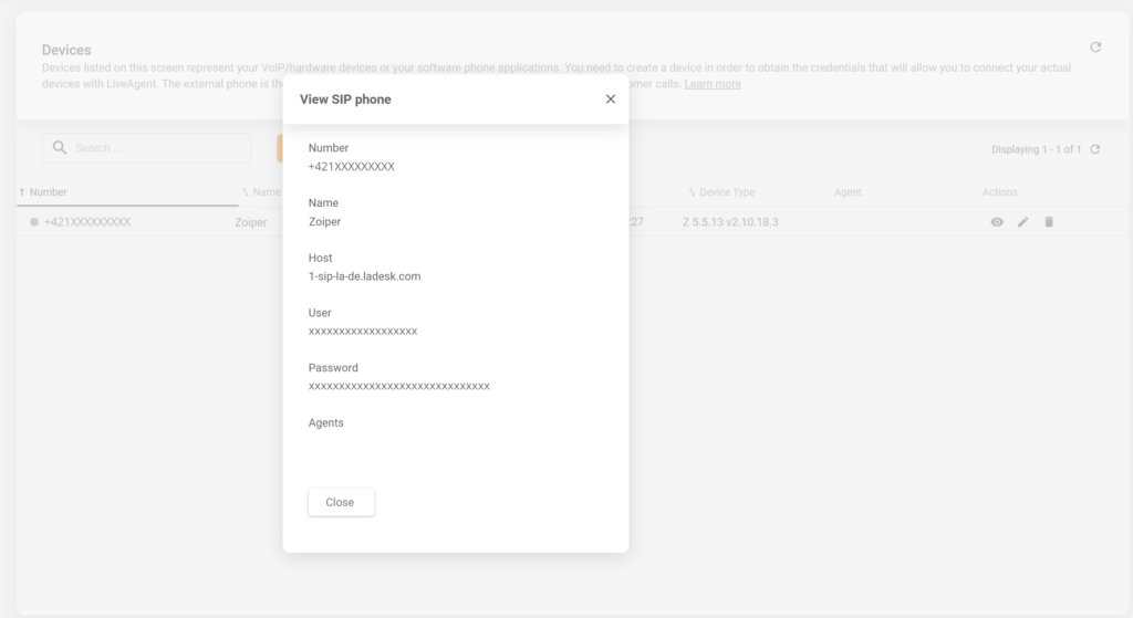 Hình ảnh cho thấy nơi tìm chi tiết thiết bị SIP trong LiveAgent