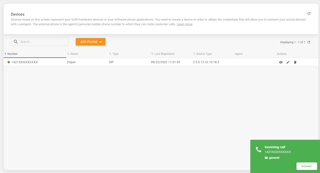 Hình ảnh cho thấy cuộc gọi đến trong softphone Zoiper được tích hợp thành công với phần mềm help desk LiveAgent