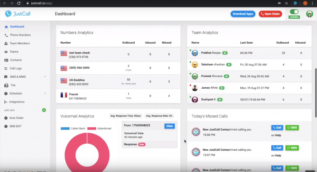 Bảng điều khiển của JustCall