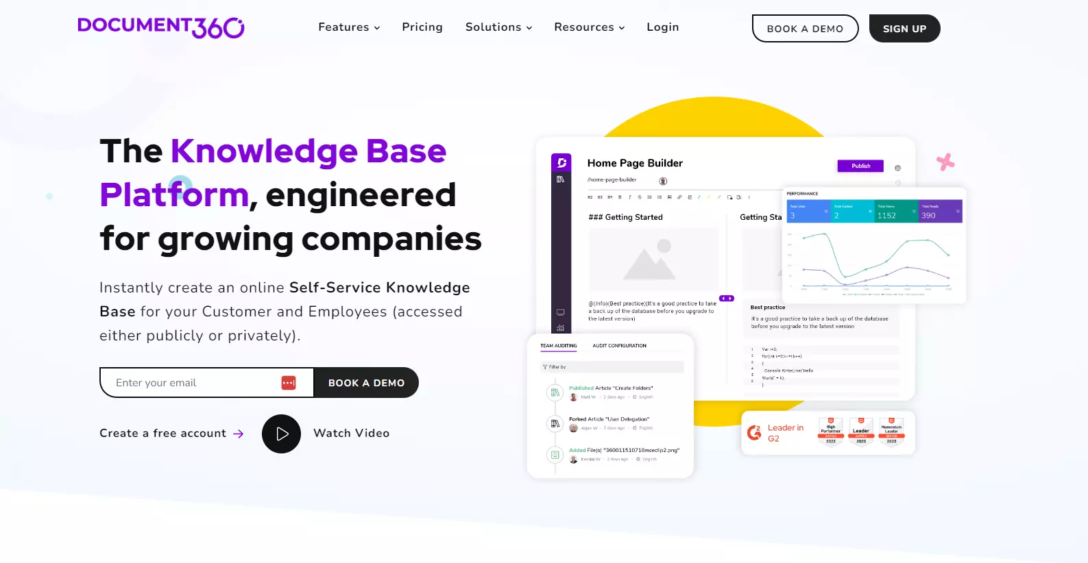 Ảnh chụp trang chủ Document360 tập trung vào các tính năng chính