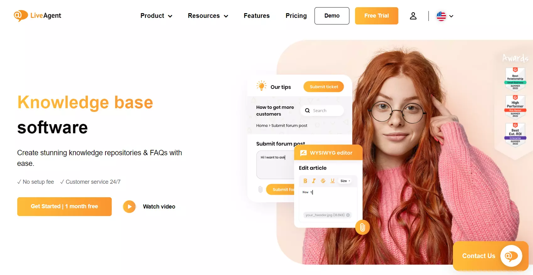 Trang chủ hấp dẫn của LiveAgent nổi bật công cụ cơ sở kiến thức của nó