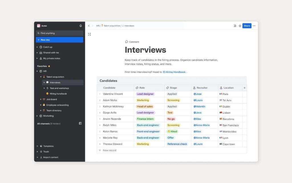 Ví dụ về cơ sở kiến thức, sử dụng Slite