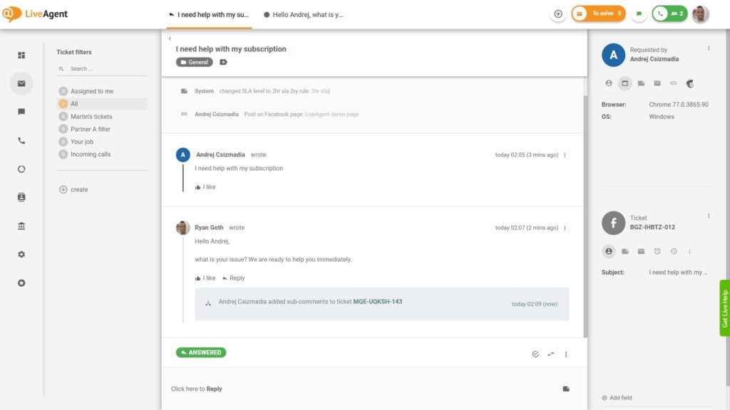 Trả lời các bình luận Facebook trực tiếp từ LiveAgent