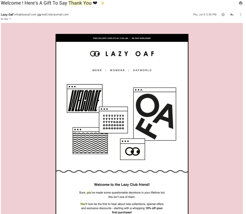 Mẫu email cảm ơn khách hàng của Lazy Oaf