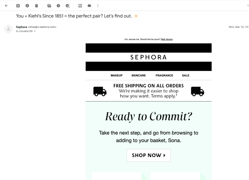 Ví dụ email bỏ lại giỏ hàng của Sephora