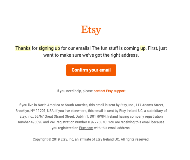 Email xác nhận tiếp cận khách hàng của Etsy
