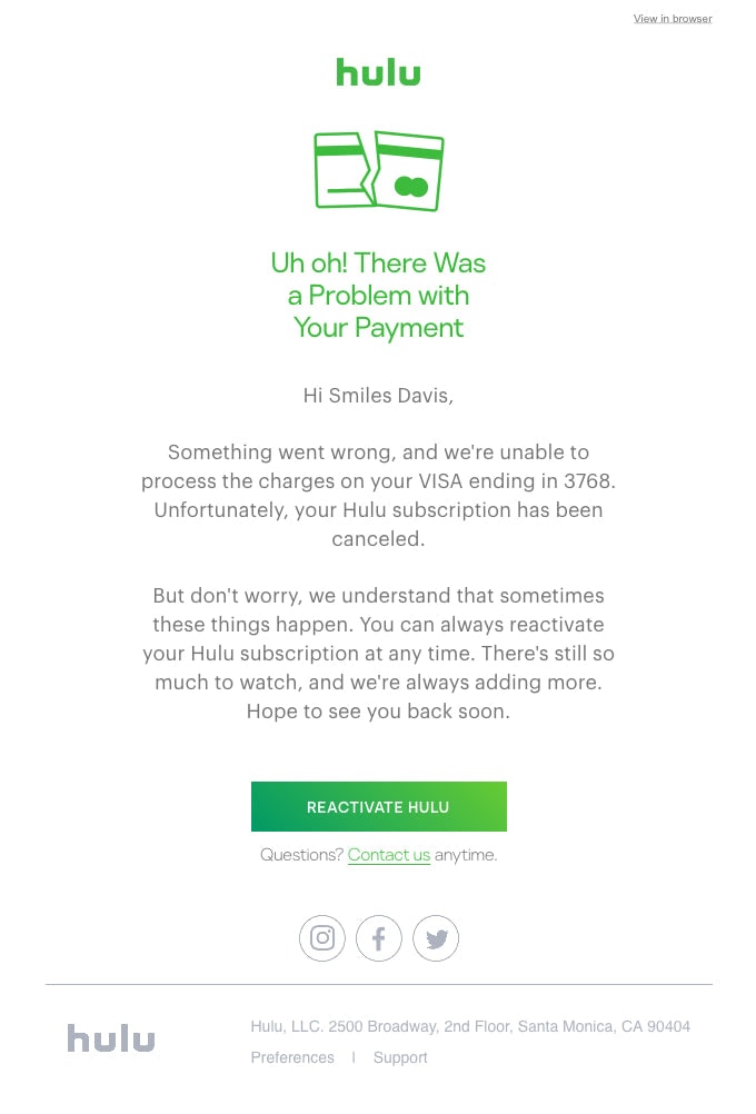 Hulu subscription cancellation email example