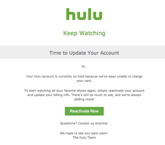 Ví dụ email dunning của Hulu